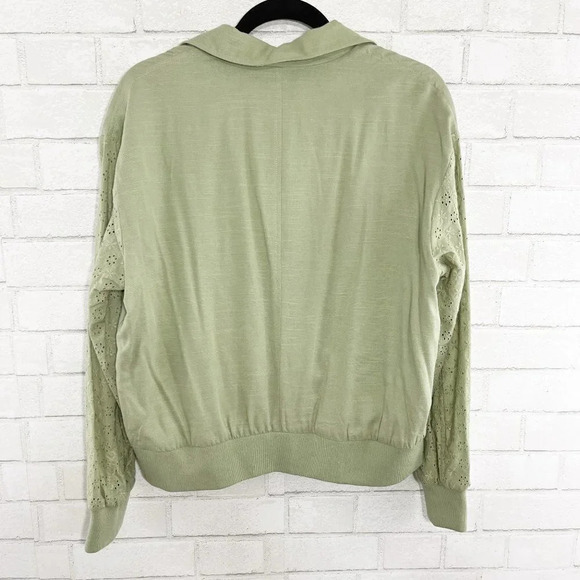 7 For All Mankind Sage Green Lightweight Jacket with Eyelet Lace Sleeves Medium - Picture 4 of 9